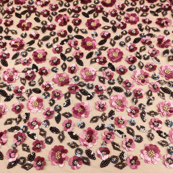 Tessuto Tulle mano seta ricamato paillettes motivo floreale rosa antico - nero