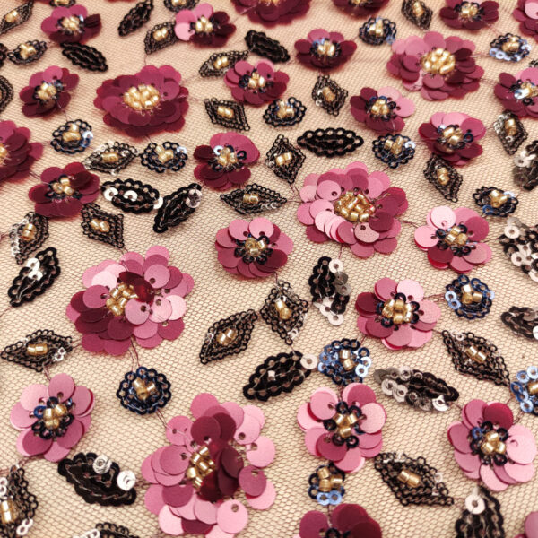 Tessuto Tulle mano seta ricamato paillettes motivo floreale rosa antico - nero