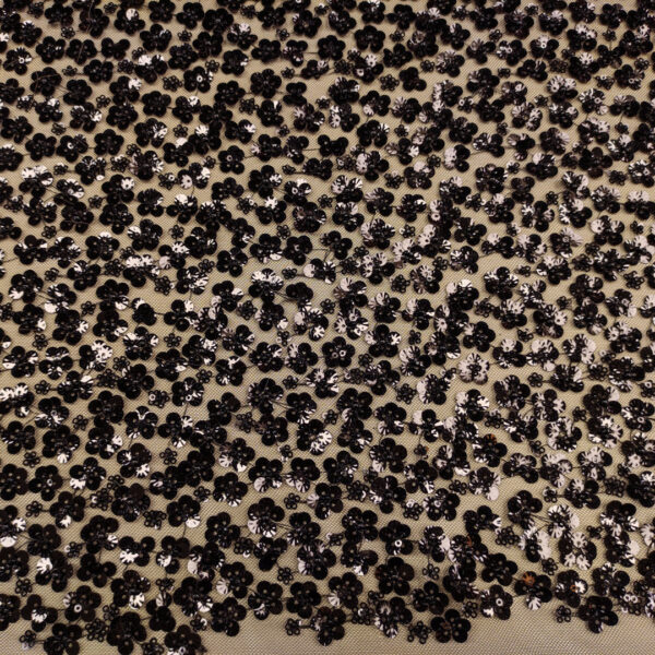 Tessuto Tulle mano seta ricamato paillettes motivo floreale nero