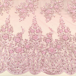 Tessuto Tulle mano seta ricamato con perline e con pietre motivo floreale rosa