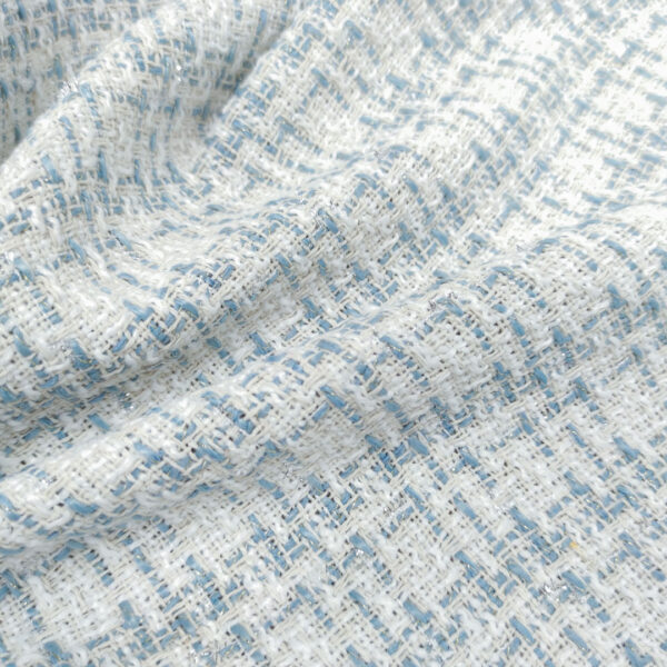 Tessuto Tweed Bouclé in cotone bianco - celeste