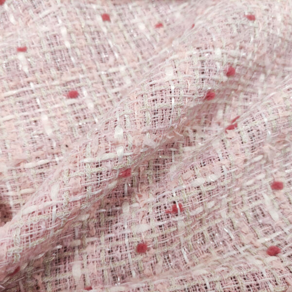 Tessuto Tweed Bouclé in cotone bianco - rosa