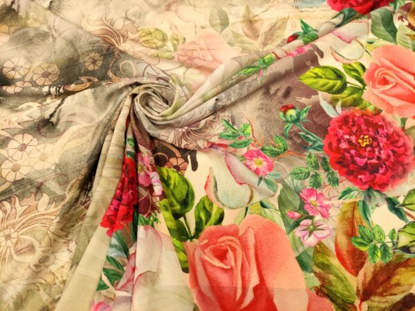 Tessuto Cady elasticizzato a fantasia motivo floreale beige - rosso