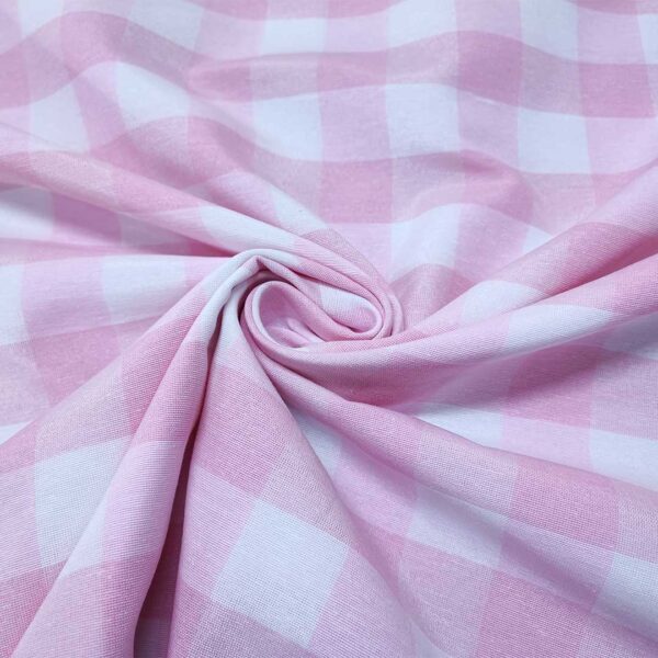 Tessuto Cotone per tovagliato tinto in filo motivo quadro grande bianco - rosa chiaro
