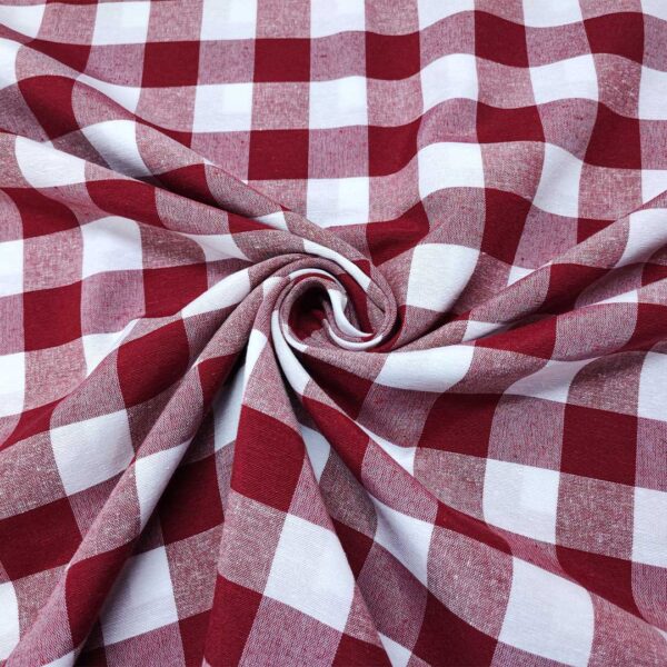 Tessuto Cotone per tovagliato tinto in filo motivo quadro grande bianco - rosso scuro