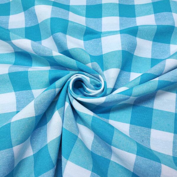 Tessuto Cotone per tovagliato tinto in filo motivo quadro grande bianco - turchese