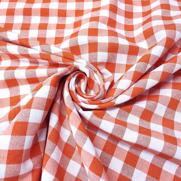 Tessuto Cotone per tovagliato tinto in filo motivo quadro medio bianco - arancione