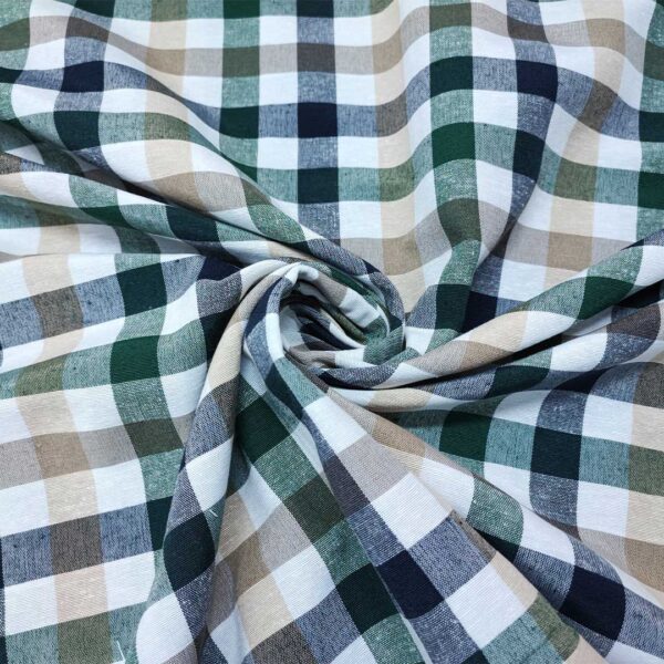 Tessuto Cotone per tovagliato tinto in filo motivo quadro medio bianco - verde - blu - beige