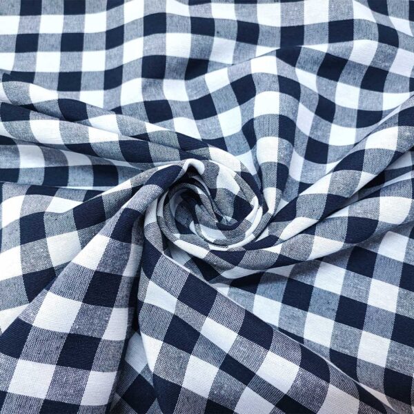 Tessuto Cotone per tovagliato tinto in filo motivo quadro medio bianco - blu notte