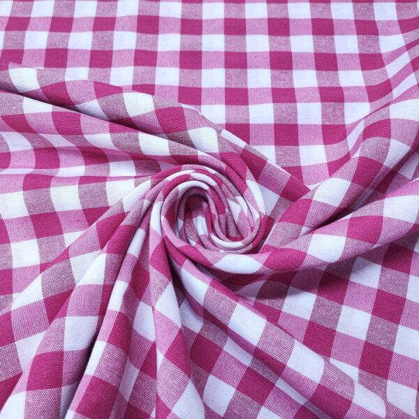 Tessuto Cotone per tovagliato tinto in filo motivo quadro medio bianco - fucsia