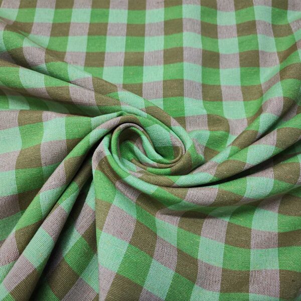 Tessuto Cotone per tovagliato tinto in filo motivo quadro medio nocciola - verde acido