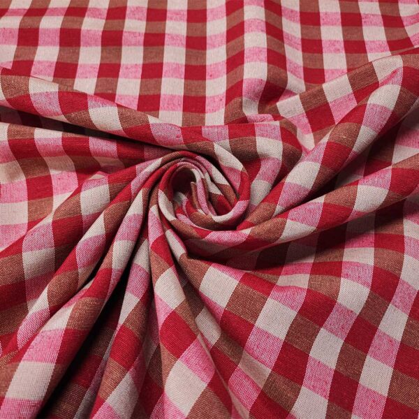 Tessuto Cotone per tovagliato tinto in filo motivo quadro medio beige - rosso scuro