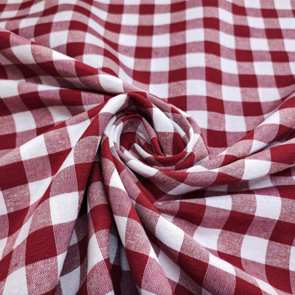 Tessuto Cotone per tovagliato tinto in filo motivo quadro medio bianco - rosso scuro