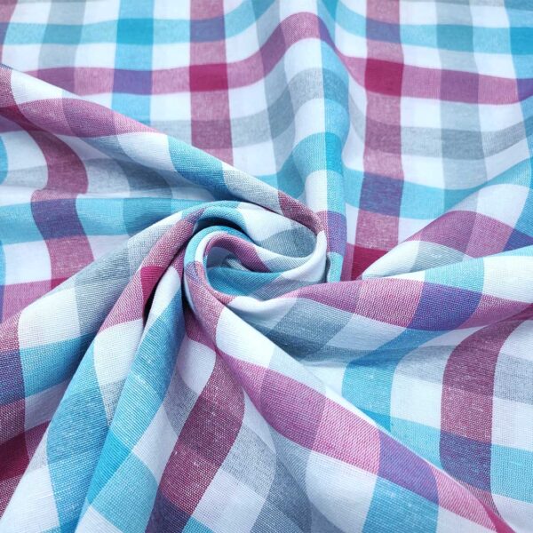 Tessuto Cotone per tovagliato tinto in filo motivo quadro medio turchese - fucsia - bianco