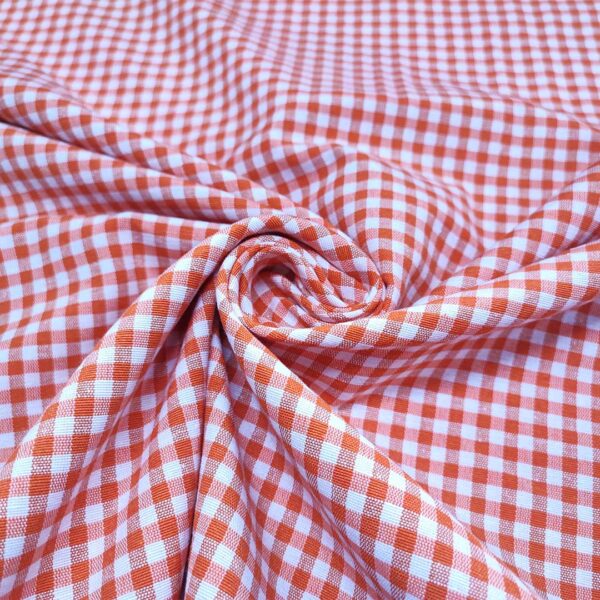 Tessuto Cotone per tovagliato tinto in filo motivo quadro piccolo bianco - arancione