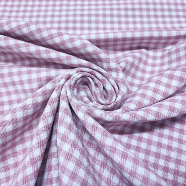 Tessuto Cotone per tovagliato tinto in filo motivo quadro piccolo bianco - rosa antico