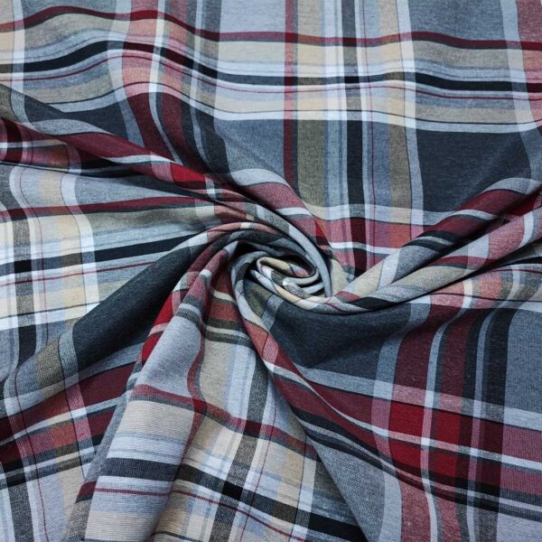 Tessuto Cotone per tovagliato tinto in filo motivo quadro rosso - grigio - beige