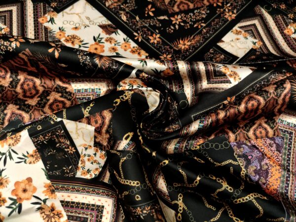 Tessuto Duchesse a fantasia motivo astratto nero - panna