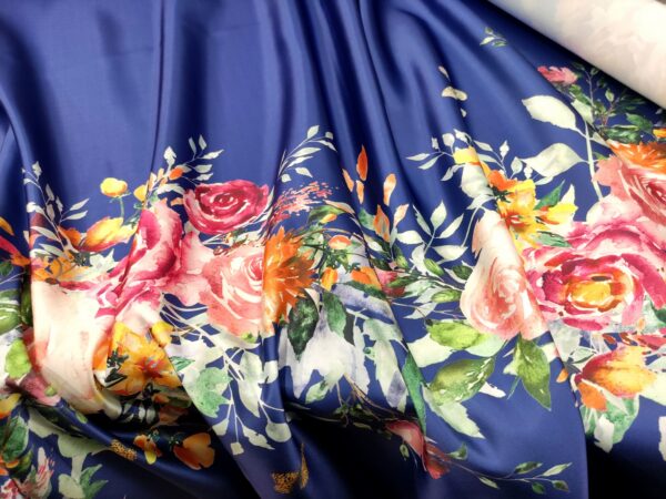 Tessuto Duchesse a fantasia motivo floreale blu navy - giallo