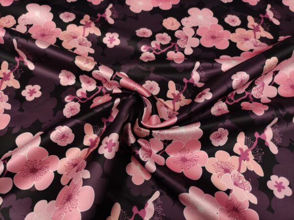 Tessuto Duchesse a fantasia motivo floreale nero - rosa