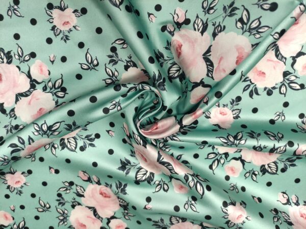 Tessuto Duchesse a fantasia motivo pois rosa - acquamarina