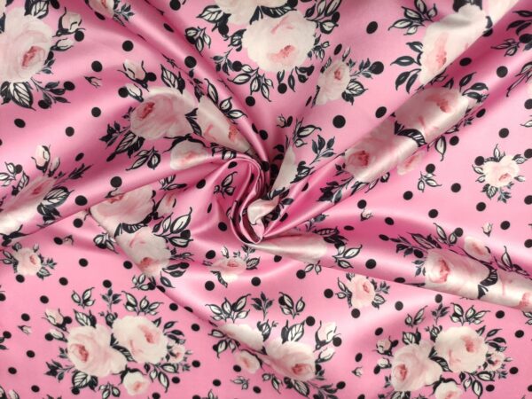 Tessuto Duchesse a fantasia motivo pois rosa baby - nero