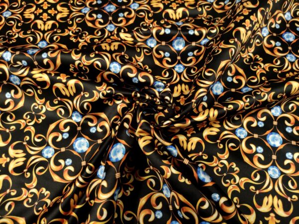 Tessuto Duchesse a fantasia motivo floreale barocco nero - oro
