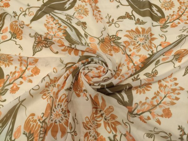 Tessuto Georgette a fantasia motivo floreale verde militare - arancione