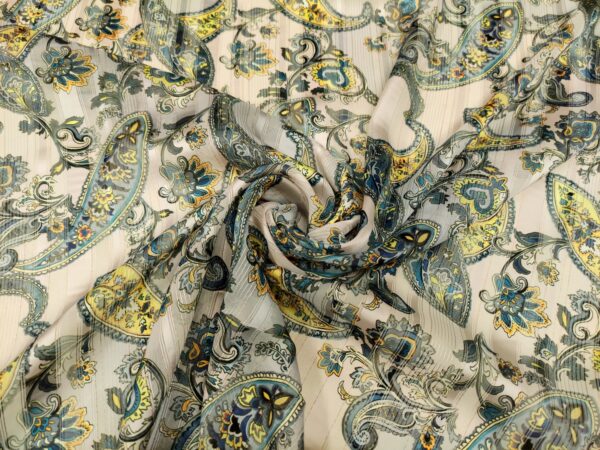 Tessuto Georgette a fantasia motivo floreale cashmere giallo - celeste