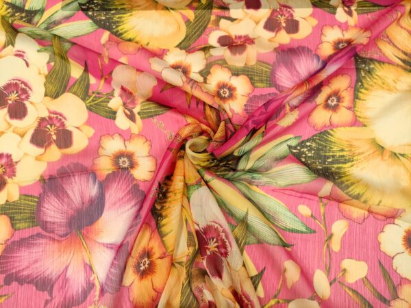 Tessuto Georgette a fantasia motivo floreale fucsia - giallo