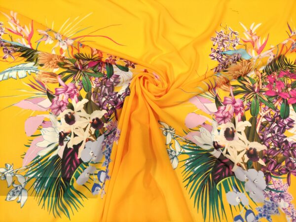 Tessuto Georgette a fantasia motivo floreale giallo - fucsia
