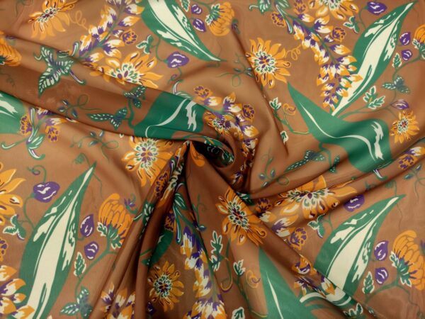 Tessuto Georgette a fantasia motivo floreale verde - marrone