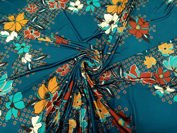 Tessuto jersey a fantasia motivo floreale verde ottanio - giallo