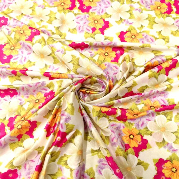 Tessuto Lycra a fantasia motivo floreale fucsia - giallo - rosa
