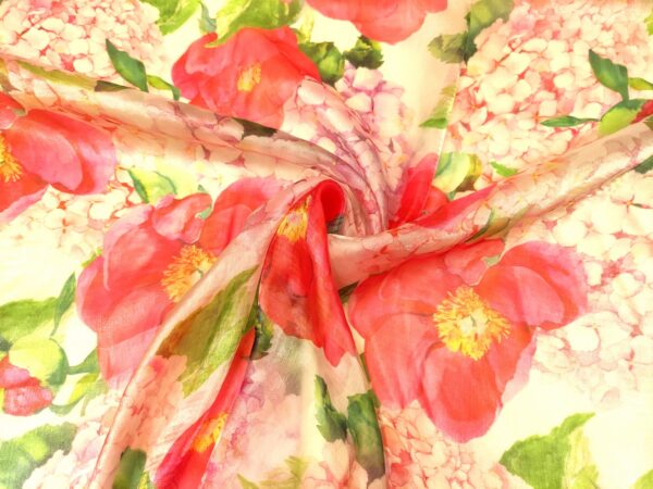 Tessuto Organza a fantasia motivo floreale bianco - rosso