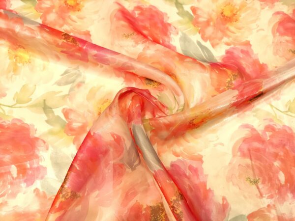 Tessuto Organza a fantasia motivo floreale celeste - rosso