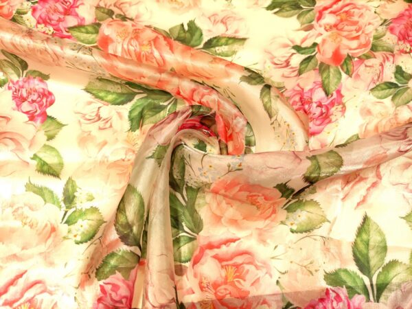Tessuto Organza a fantasia motivo floreale rosso - rosa