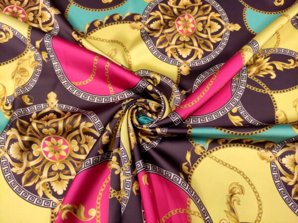 Tessuto Satin a fantasia motivo astratto giallo - viola