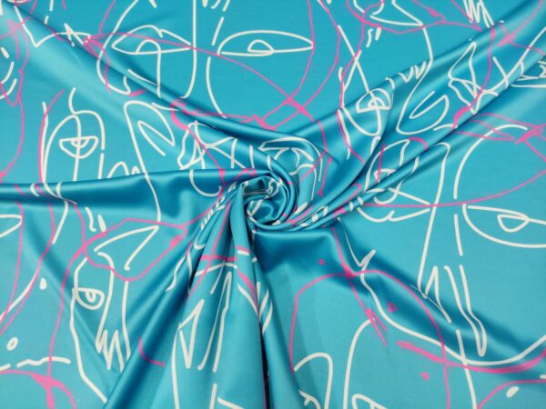 Tessuto Satin a fantasia motivo astratto turchese - fucsia