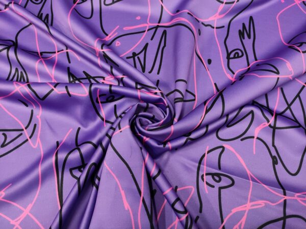 Tessuto Satin a fantasia motivo astratto viola - nero