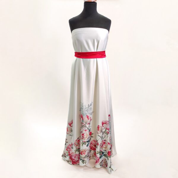 Tessuto Satin a fantasia motivo floreale bianco - rosso - fucsia