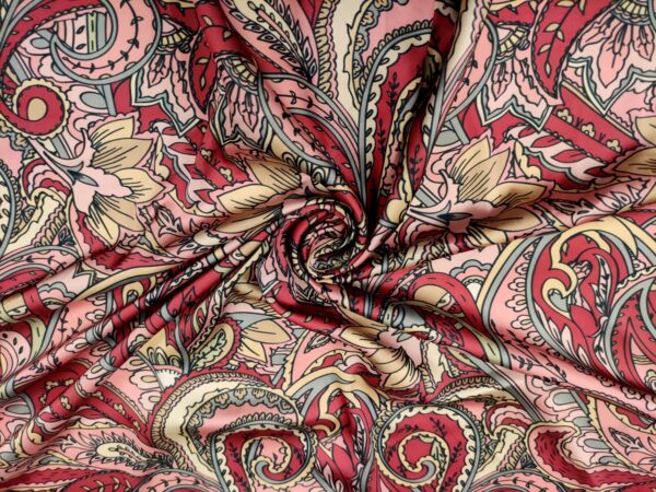Tessuto Satin a fantasia motivo floreale cashmere rosa - berry
