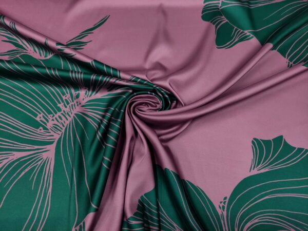 Tessuto Satin a fantasia motivo floreale verde petrolio - rosa