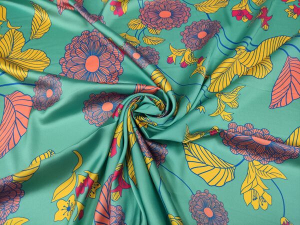 Tessuto Satin a fantasia motivo floreale verde tiffany - corallo
