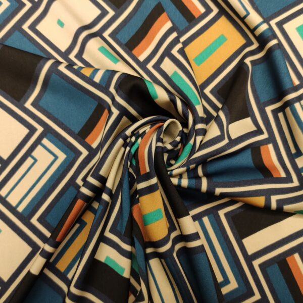 Tessuto Satin a fantasia motivo geometrico verde tiffany - blu