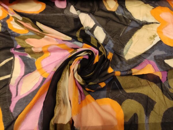 Tessuto Mussola di  Viscosa a fantasia motivo astratto verde - giallo - fucsia