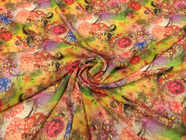 Tessuto Chiffon a fantasia motivo floreale verde - fucsia