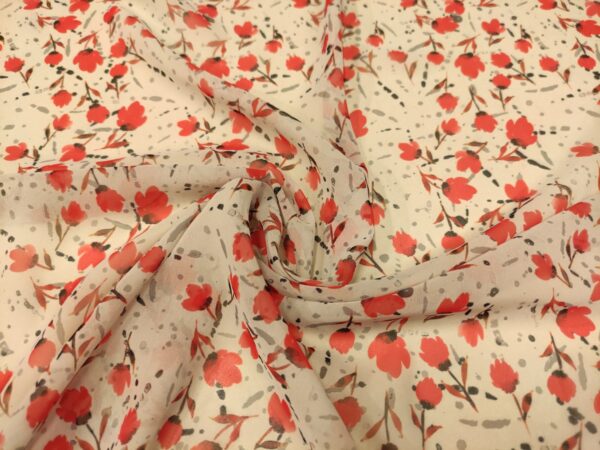 Tessuto Chiffon a fantasia motivo floreale bianco - rosso