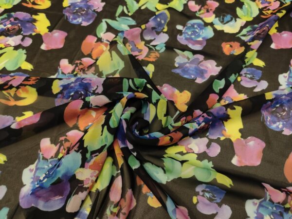 Tessuto Chiffon a fantasia motivo floreale nero - giallo