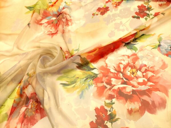 Tessuto Chiffon a fantasia motivo floreale bianco - rosso